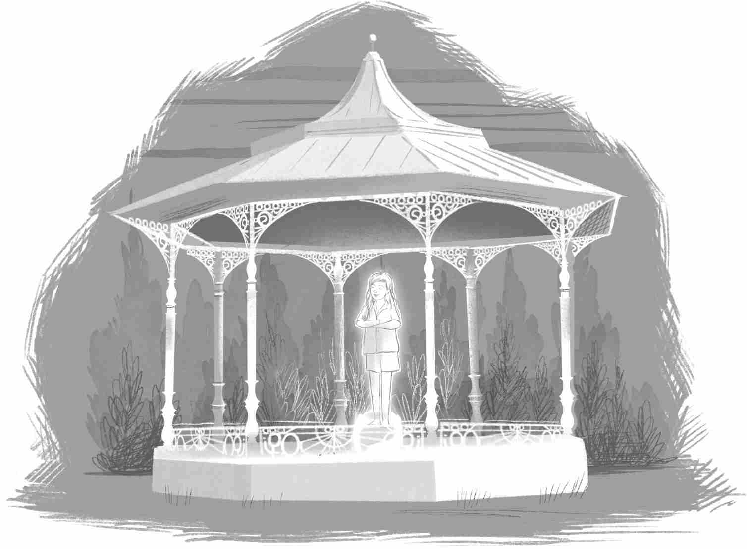 Under a gazebo, a glowing ice statue of a girl in a shirt and shorts stands atop an ice pedestal.