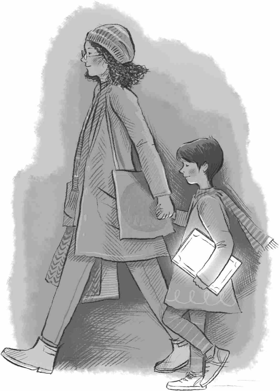 A side view of Gwen holding her mother’s hand as they walk while Gwen clutches a shining book in her other hand.