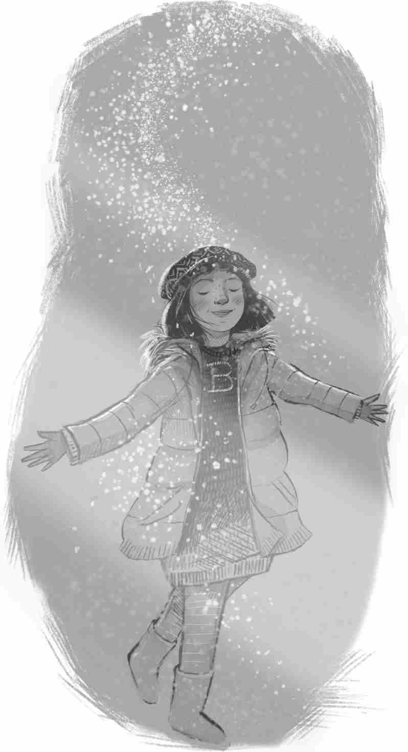 Bianca, wearing a woollen cap and a jacket, walks with her eyes shut and arms outstretched, wearing a smile. A stream of snowflakes trickles from above.