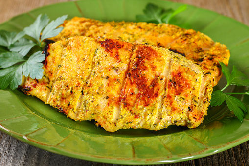 Healthy Food Grilled Chicken With Vegetables On A Wooden Board Stock Photo  - Download Image Now - iStock