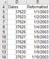 This figure shows various dates in serial format and converted to a date format by selecting a date format from the Format Cells dialog box.