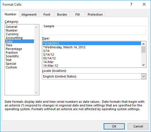 This figure shows a list of date formats in the Format Cells dialog box.