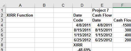 In this figure, the XIRR function is used to determine the IRR for a project with irregularly spaced cash flows.