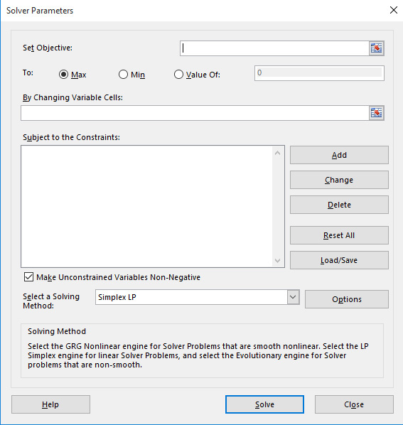 This figure shows the Solver dialog box.