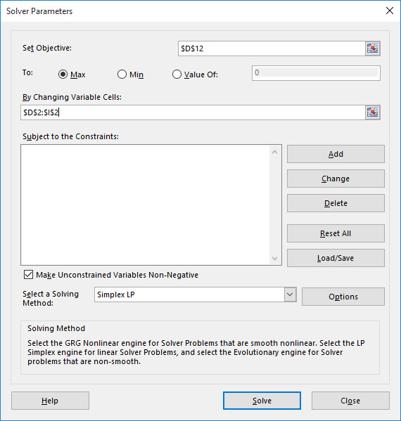 This figure shows the target cell and changing cells entered in the Solver dialog box.