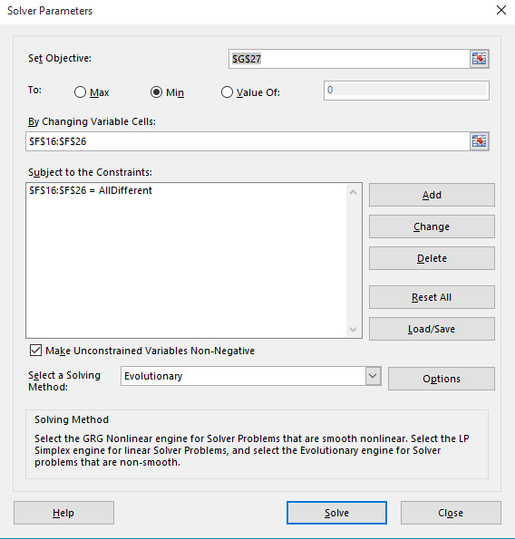 This figure shows the Solver settings for the traveling-salesperson problem.