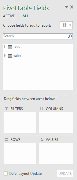 This figure shows the PivotTable Fields list, which you can access after adding Sales to the Data Model and selecting the ALL option.