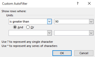 This figure shows the settings needed to filter all transactions in which number of units sold is greater than 90.