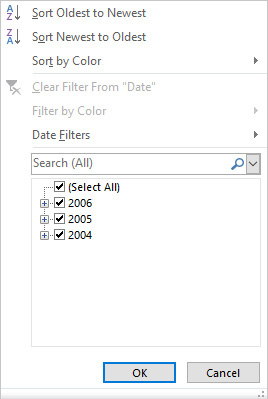 This figure shows the filtering options for the Date column.