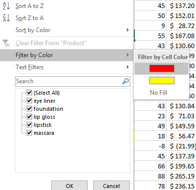 This figure shows the dialog box for filtering by color.