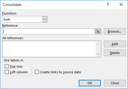 This figure shows the Consolidate dialog box.