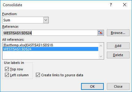 This figure shows the Consolidate settings needed to consolidate the East and West data.