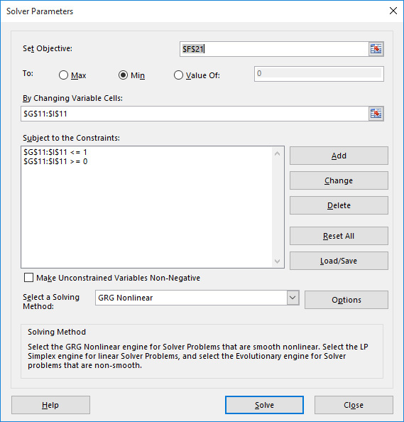 This figure shows the Solver settings that minimize MAPE from Winters method.