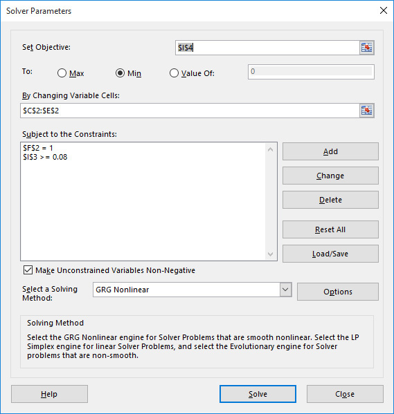 This figure shows the Solver settings for finding the variance minimizing portfolio with a mean return of at least 8 percent.