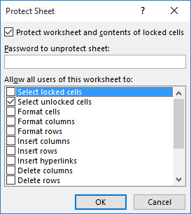 This figure shows the setting needed to allow a user to select unlocked cells.