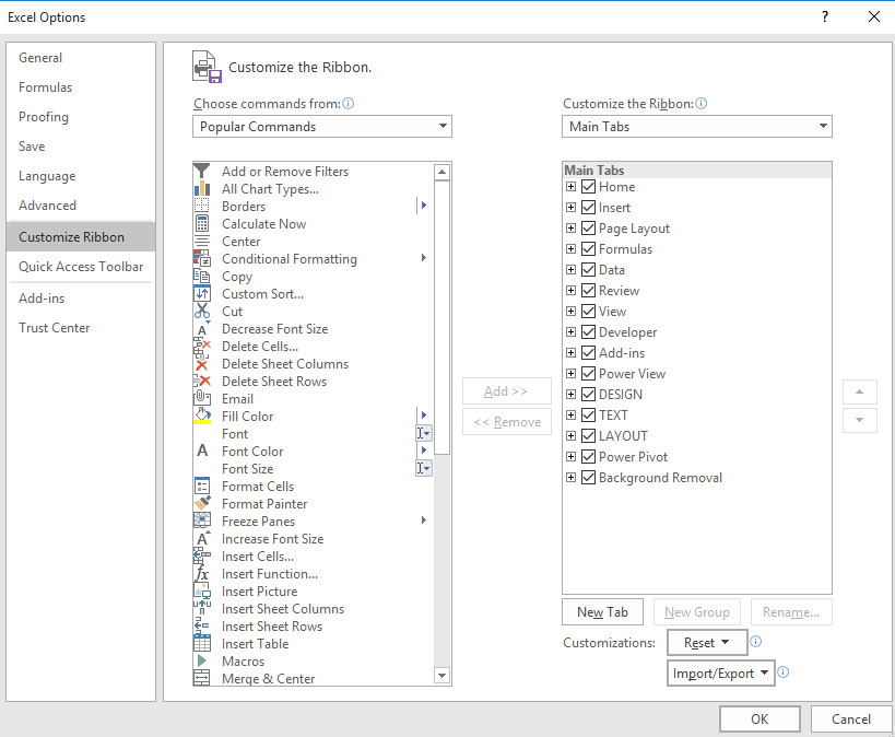 This figure shows how to place the Developer tab on the ribbon.