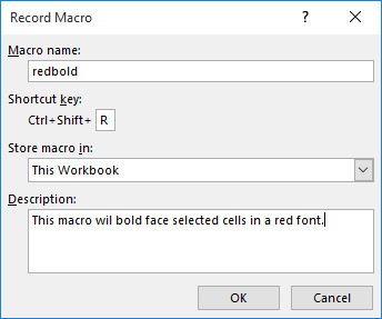 This figure shows the settings used to record a macro to format selected cells in a bold, red font.