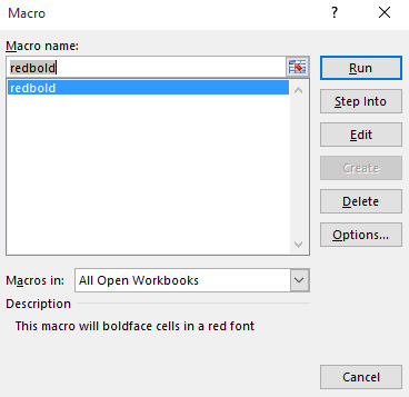 This figure shows how to run a macro from a list of macros in the open workbooks.