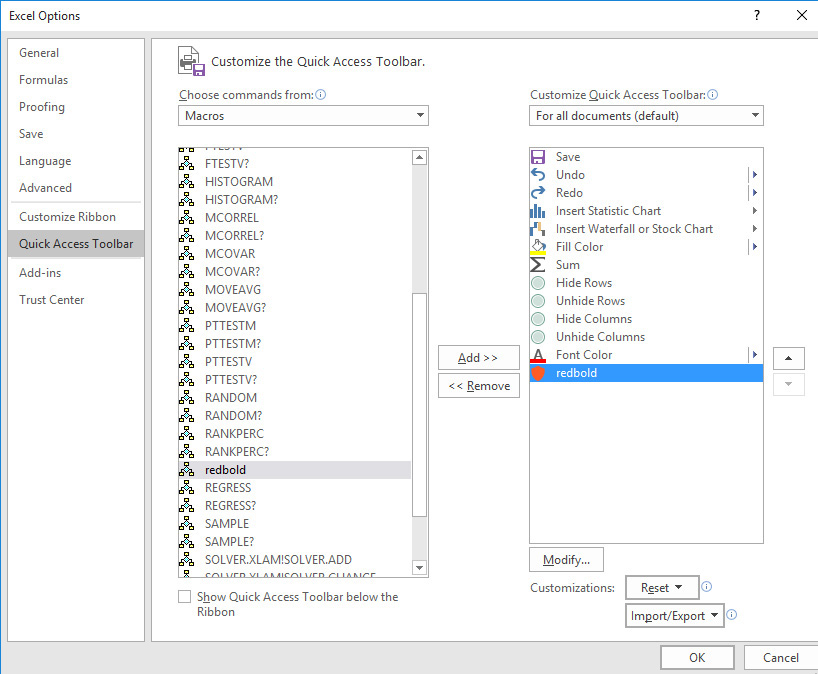 This figure shows how to add the redbold macro to the Quick Access Toolbar.