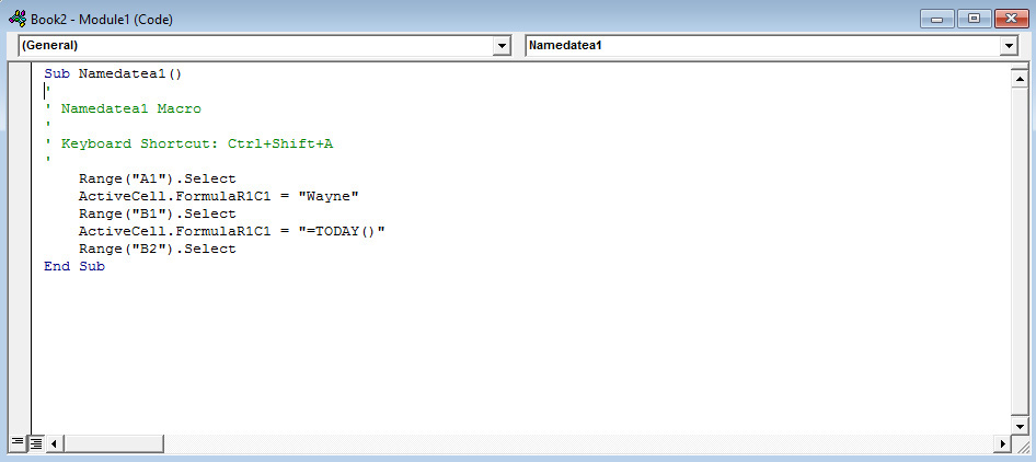 This figure shows a macro that puts your name in cell A1 and the current date in cell B1.