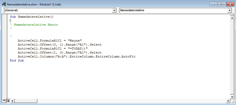 This figure shows the VBA code used to place your name in the active cell and the current date one cell to the right.