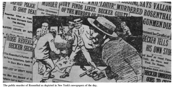 The public murder of Rosenthal as depicted in New York’s newspapers of the day.