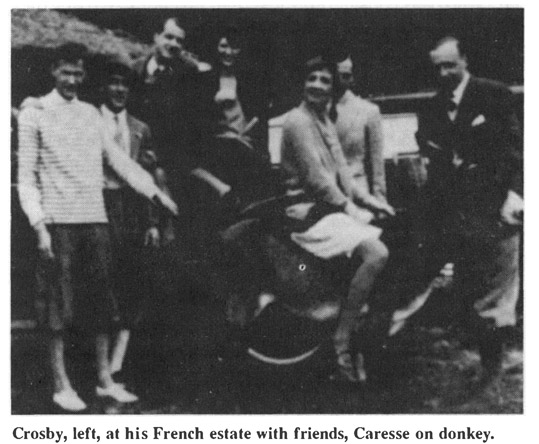 Crosby, left, at his French estate with friends, Caresse on donkey.