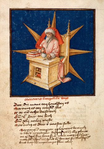 Mercure, dieu du commerce, représenté en riche changeur derrière sa table, sur une miniature flamande des années 1465-1470.