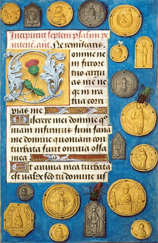 Insignes de pèlerins en trompe-l’œil, sur un Livre d’heures flamand du début du XVIe siècle.