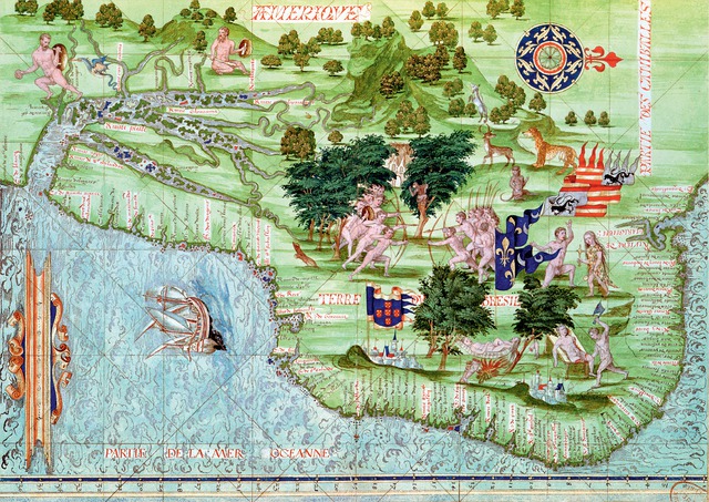 Une carte du Brésil ornée d’un pavillon à fleur de lys par Guillaume Le Testu (v. 1509-1573), l’un des plus célèbres cartographes français du XVIe siècle.