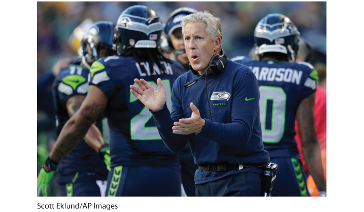 A photo of the football coach Pete Carroll cheering up the players. Few players are in the background.