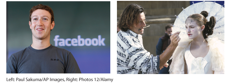 A photo shows Mark Zuckerberg smiling and posing with the text “facebook” in the background. Another photo shows Natalie Portman getting a touch-up.