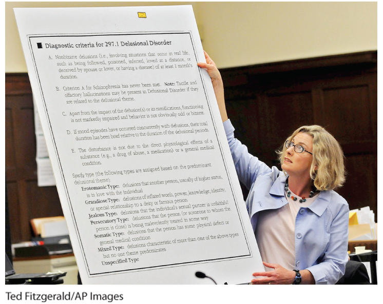 This photograph shows a forensic psychologist holding a large poster. She appears to be testifying in court on the diagnosis of a mental disorder.