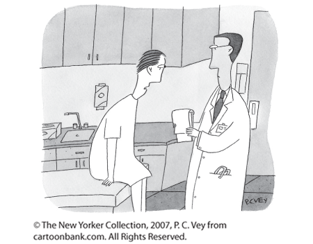 This New Yorker cartoon shows a patient sitting on a table addressing a doctor standing in front of him.