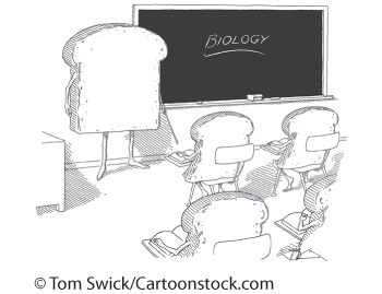 Tom Swick cartoon showing a classroom where the teacher and students are depicted as sliced bread.