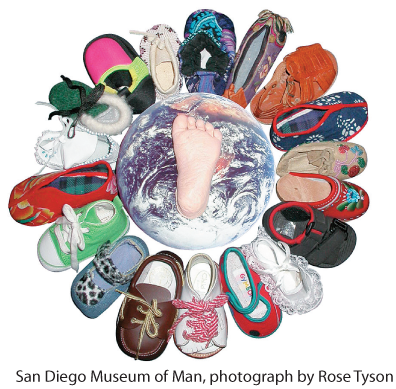 Photograph of an exhibit at San Diego’s Museum of Man. It shows children’s shoes.