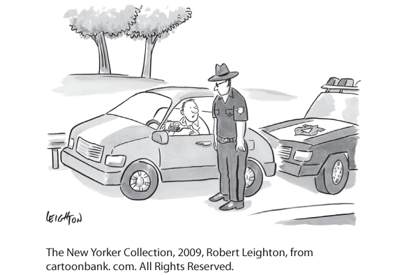 New Yorker cartoon showing a man in his car addressing a policeman standing next to his window. The police car is parked behind them.