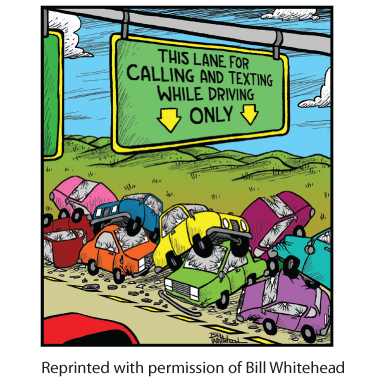 A cartoon panel shows various damaged cars lying clumsily one on top of the other. A sign atop these cars reads, “This lane for calling and texting while driving only” with two arrows pointing downward.