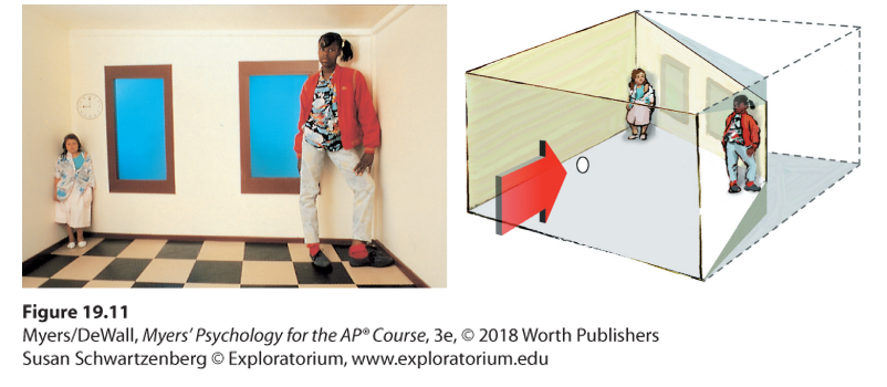 Photograph of two girls in the Adelbert Ames’ distorted room. Diagram illustrating the illusion of the shrinking and growing girls. The diagram explains how the distorted room produces this illusion.