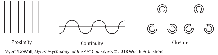 Diagram illustrating rules for grouping. Six lines illustrate proximity, a line and a wave show continuity, and six open circles show closure.