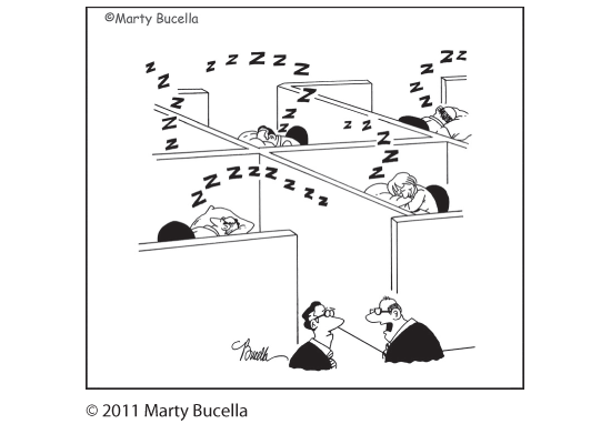 A cartoon shows employees sleeping in their cubicles while two men are shown holding a conversation. The cartoon reads, “Maybe ‘Bring Your Pillow to Work Day’ wasn’t such a good idea.”