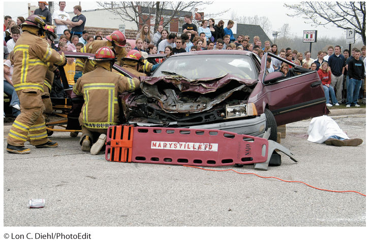 A photo shows fire fighters reenacting the car accident due to alcohol to high school students.