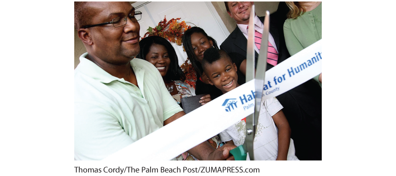 A photo shows a man cutting a ribbon reading “Habitat for Humanity” with a cheerful crowd behind him.