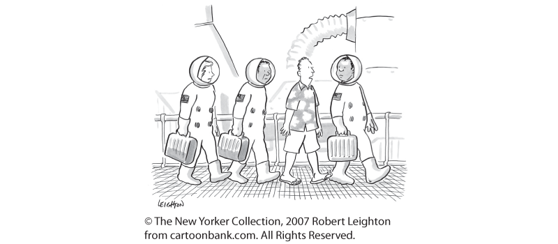 A cartoon shows four men walking. Three of them are in space suits carrying a briefcase while one of them exclaims, Oh, is that today?