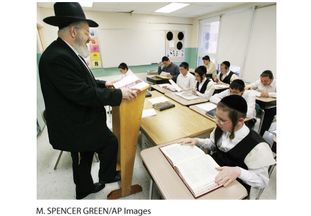 This image shows an orthodox jewish teacher instructing a classroom full of young jewish men, all wearing traditional clothing.