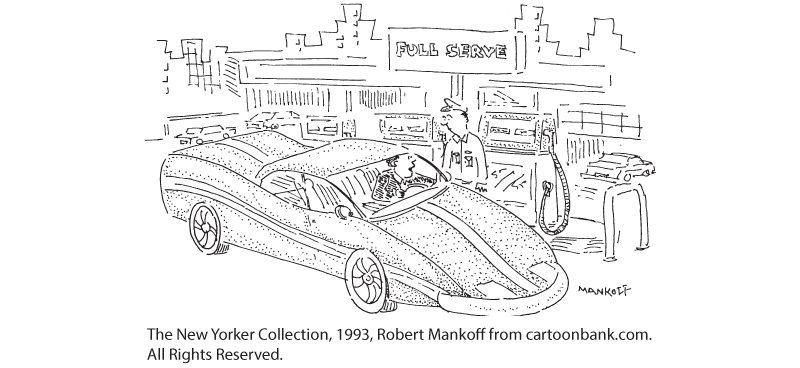 This image is a cartoon of a man in a car, at a gas station. The man says to the gas station attendant “Fill’er up with testosterone.”