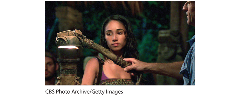 This image is a photograph of a contestant on Survivor watching another contestant touch a torch with a wooden staff.