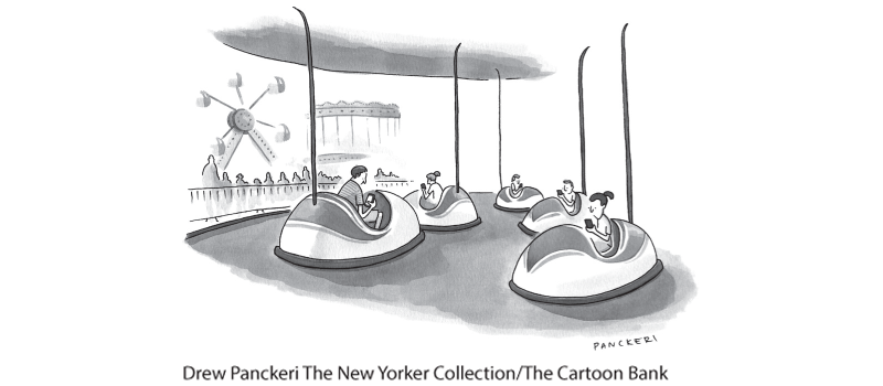 A cartoon shows people sitting in bumper cars and looking at their cell phones.