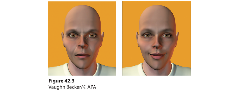 Two versions of the same digitally produced gender-neutral face. The one on the left has an angry expression, while the one of the right wears a smile.