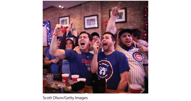 A photo shows Chicago Cubs fans celebrating their 2016 World Series victory.